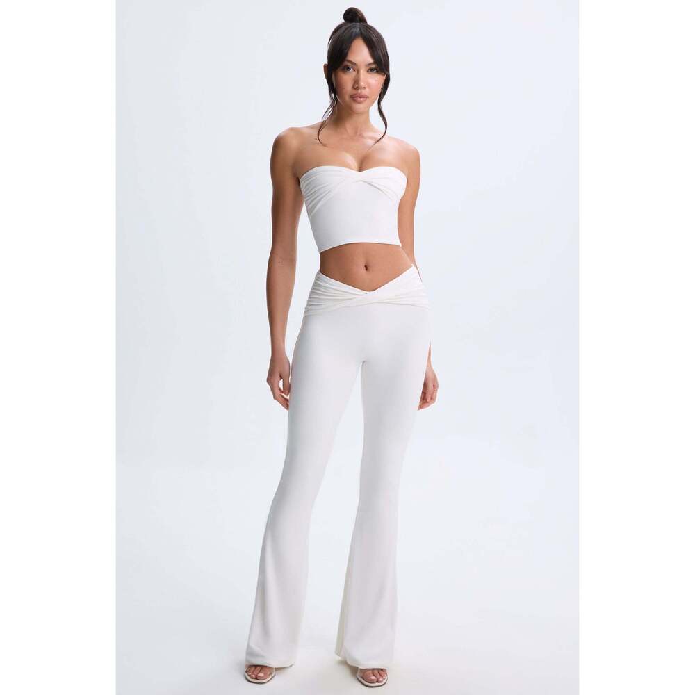 Oh Polly Petite Twist-Front Flared Trousers in White Size L